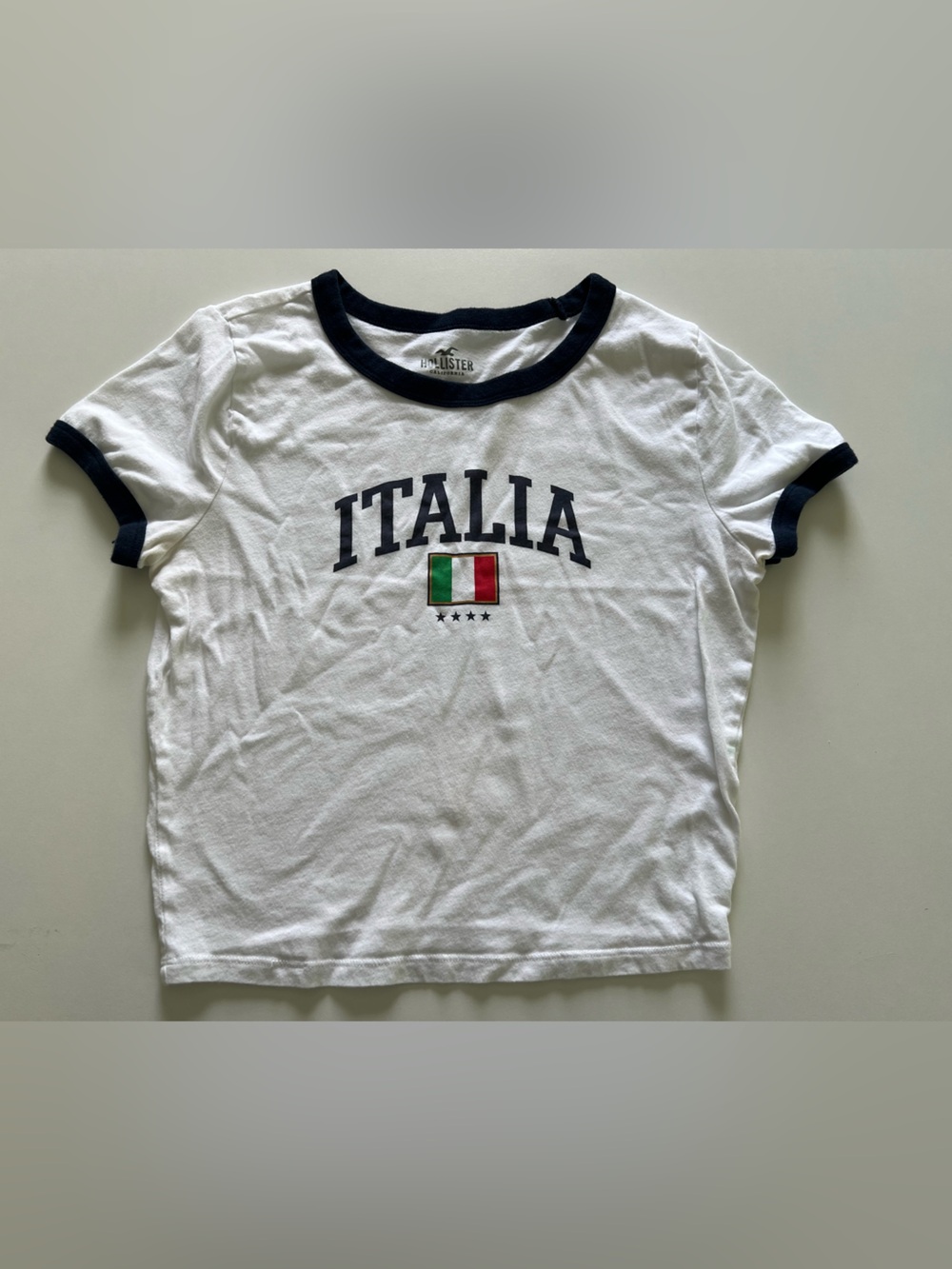 Hollister White Ringer Tee with Navy Trim and Italia Graphic